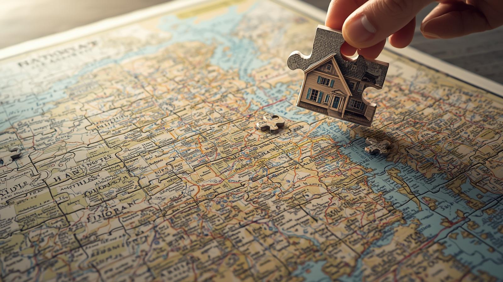 A puzzle where a missing piece (shaped like a house) is held in the air ready to be placed to complete the picture of a national map. (1)